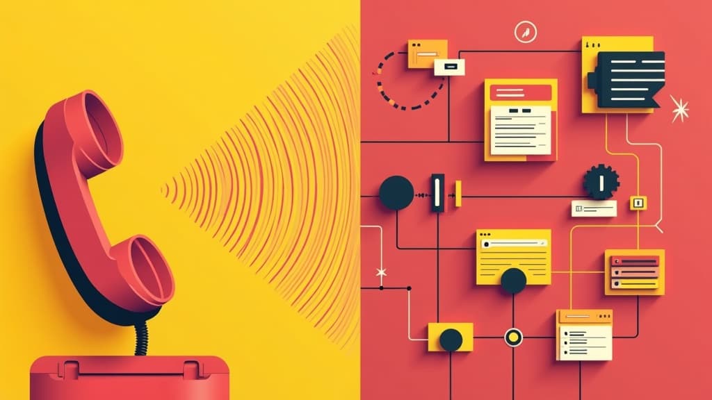 A neo-brutalist illustration of an AI voice phone agent emitting sound waves, wired into an n8n automation workflow of connected nodes and boxes.