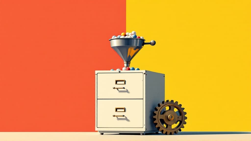 3D illustration of a funnel feeding colored spheres into a filing cabinet beside a large gear.
