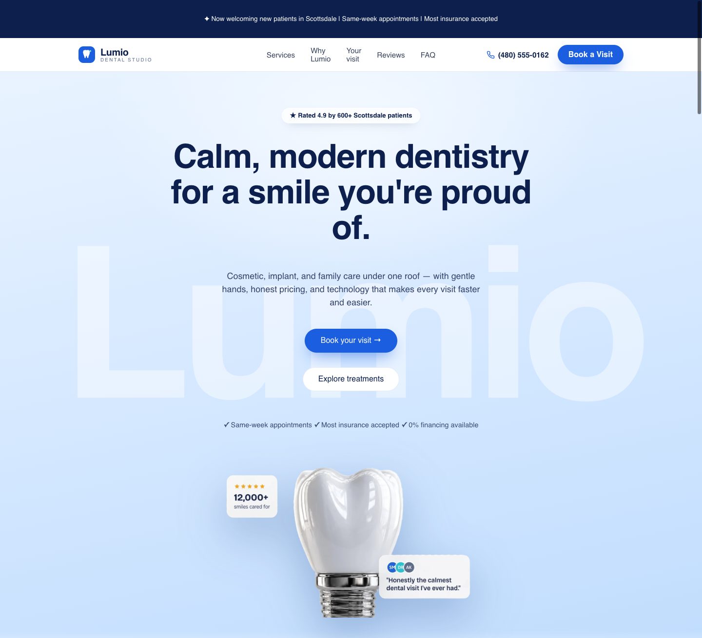 dental funnel design — the promise, above the fold (HERO section of the Lumio Dental Studio funnel)