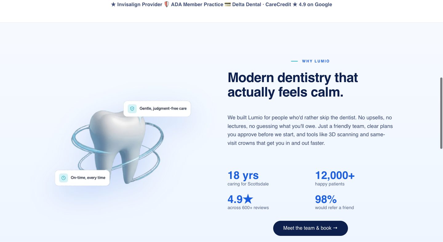 dental funnel design — naming the fear out loud (WHY LUMIO section of the Lumio Dental Studio funnel)