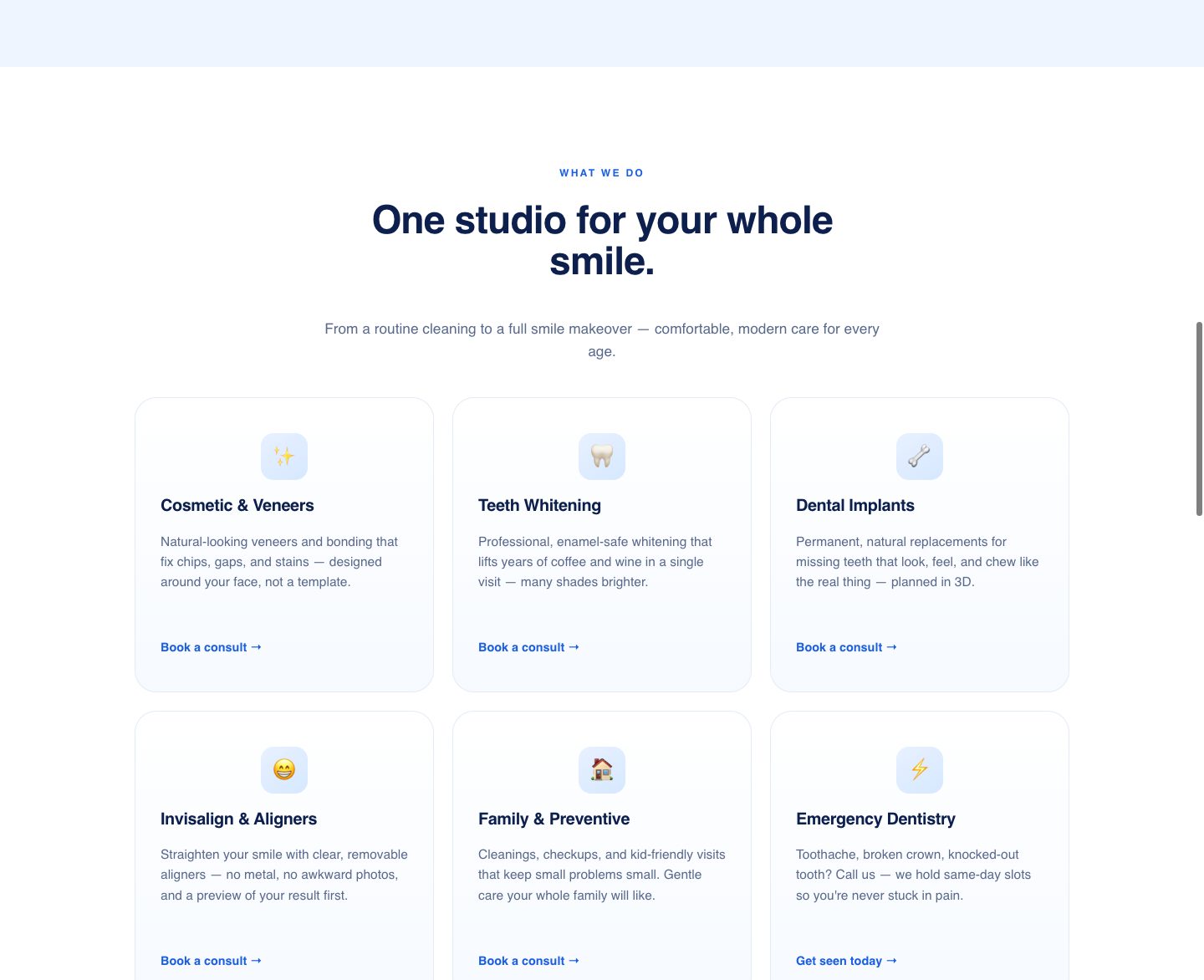dental funnel design — every service is its own funnel (SERVICES section of the Lumio Dental Studio funnel)