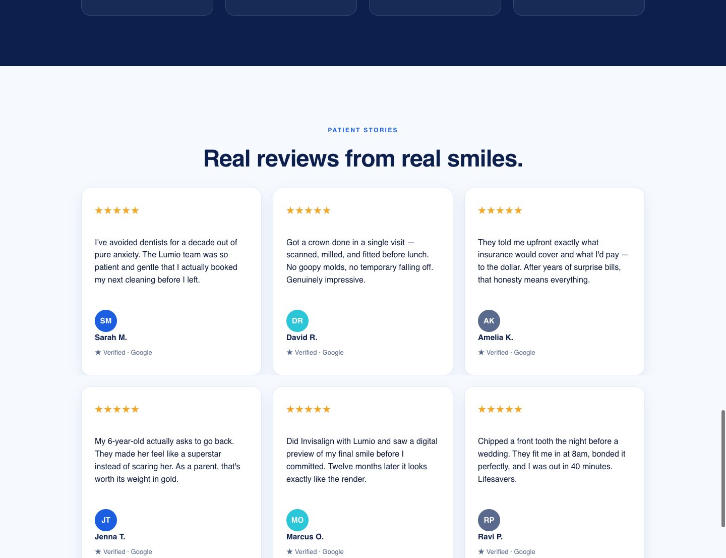 dental funnel design — reviews chosen to answer objections (SOCIAL PROOF section of the Lumio Dental Studio funnel)
