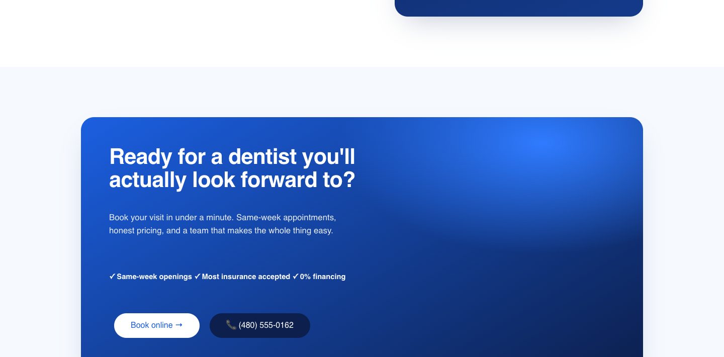 dental funnel design — one clear ask (FINAL CTA section of the Lumio Dental Studio funnel)