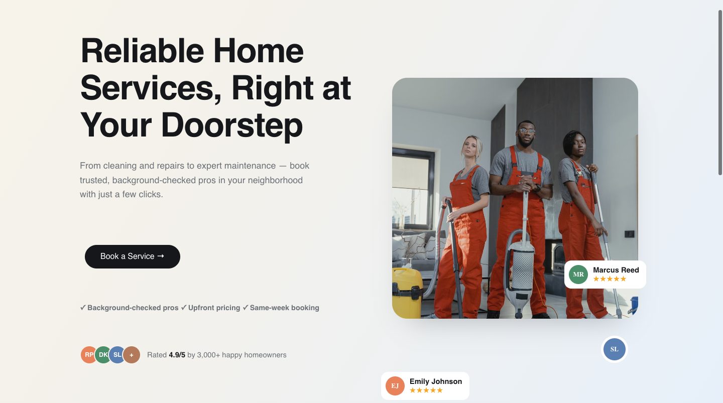 home services funnel design — one promise for every trade (HERO section of the Homigo Home Services funnel)