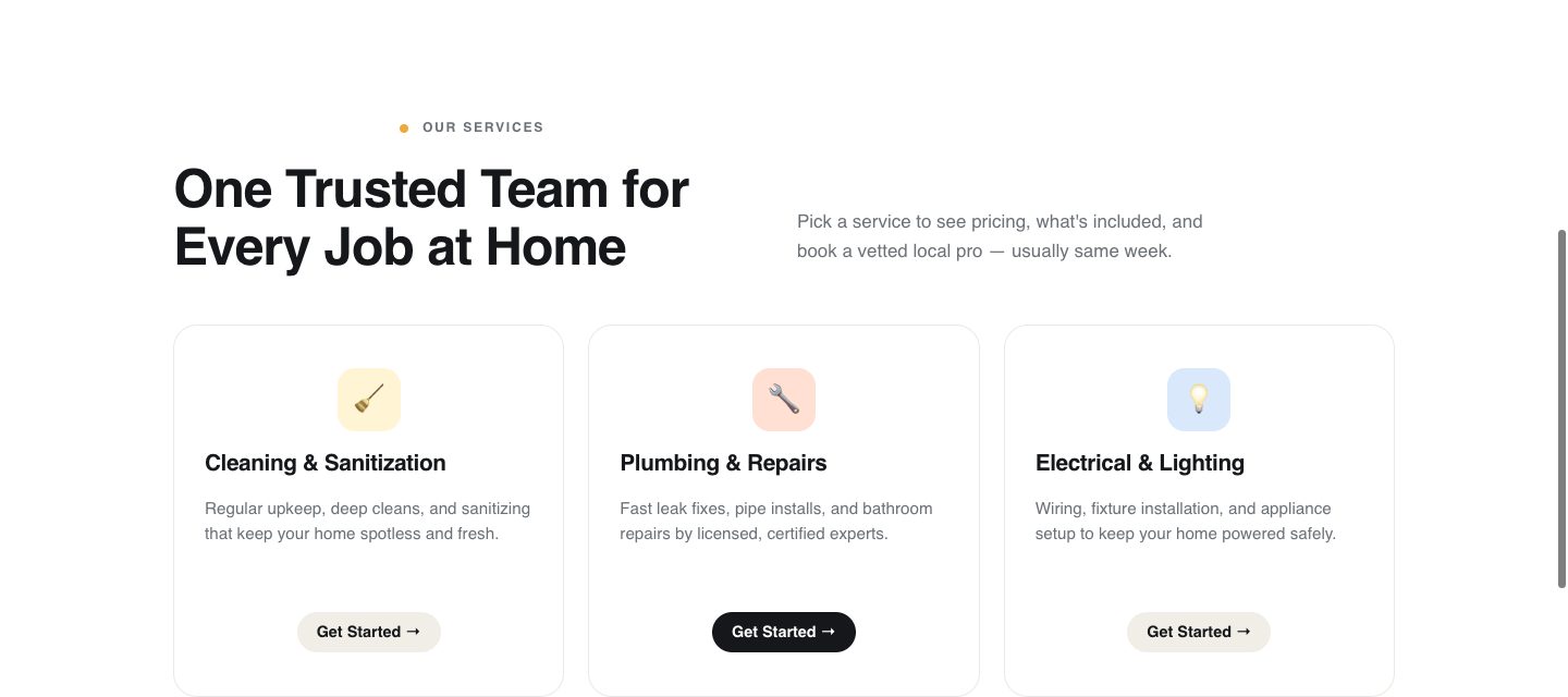 home services funnel design — one trusted team for every job (SERVICES section of the Homigo Home Services funnel)
