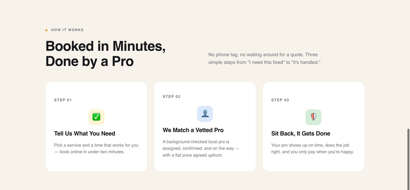 home services funnel design — booked in minutes, done by a pro (PROCESS section of the Homigo Home Services funnel)