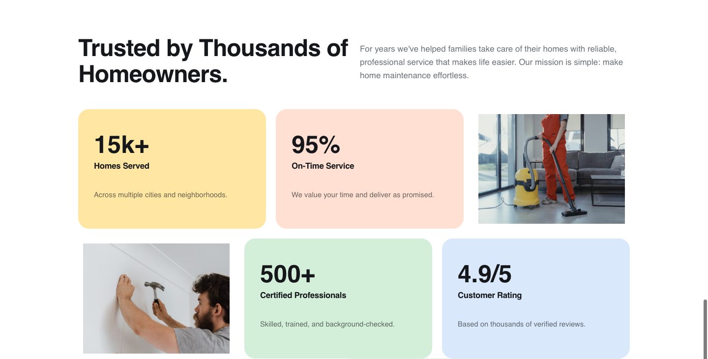 home services funnel design — scale that signals safety (THE NUMBERS section of the Homigo Home Services funnel)