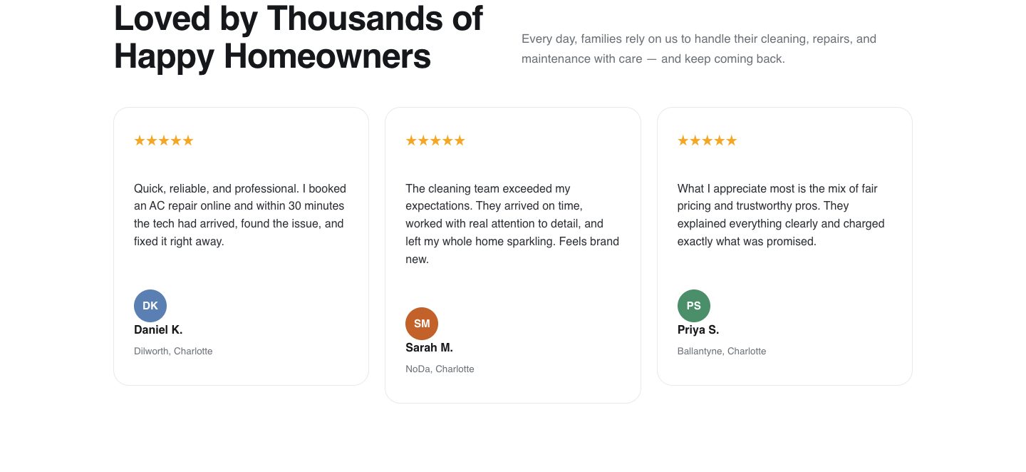 home services funnel design — loved by thousands of homeowners (SOCIAL PROOF section of the Homigo Home Services funnel)