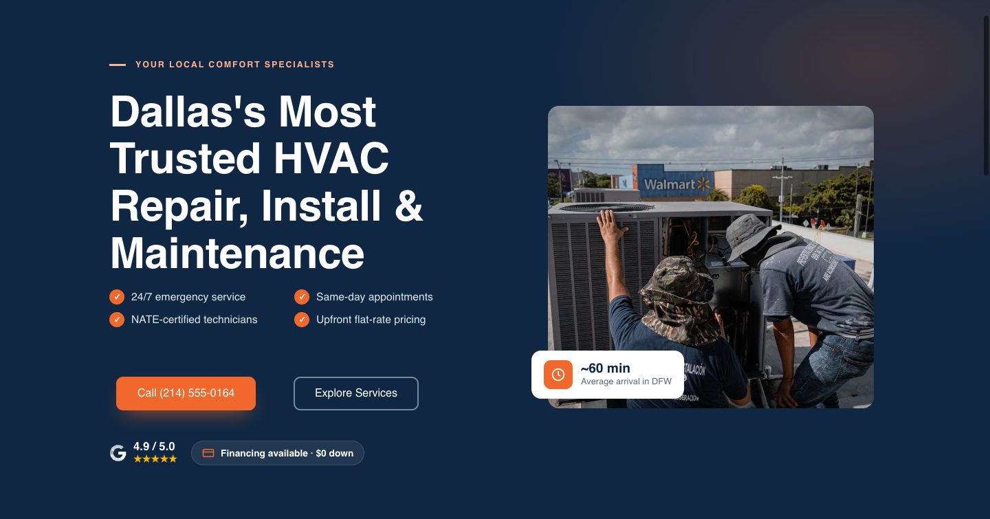 HVAC landing page — local comfort specialists (HERO section of the Meridian Heating & Air funnel)