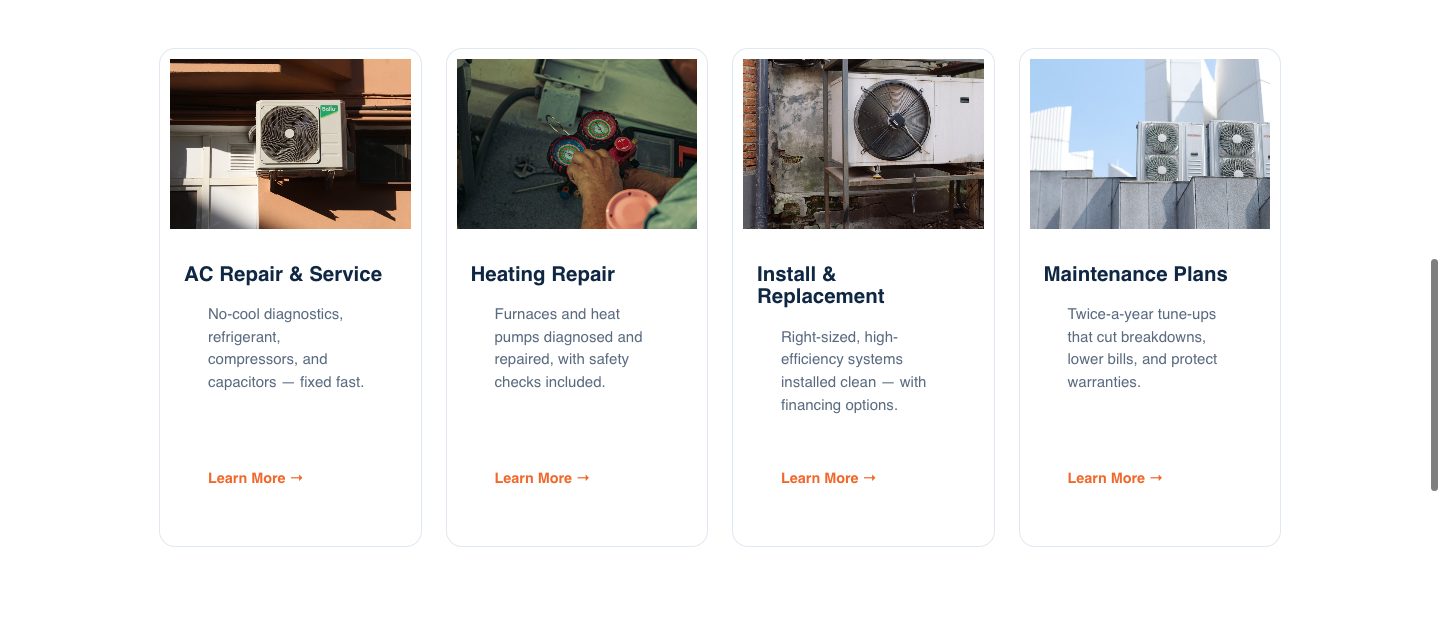 HVAC landing page — complete hvac, spelled out (SERVICES section of the Meridian Heating & Air funnel)