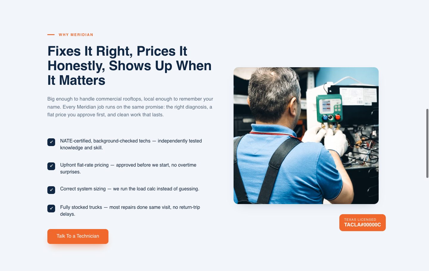 HVAC landing page — fixes it right, prices it honestly (WHY MERIDIAN section of the Meridian Heating & Air funnel)