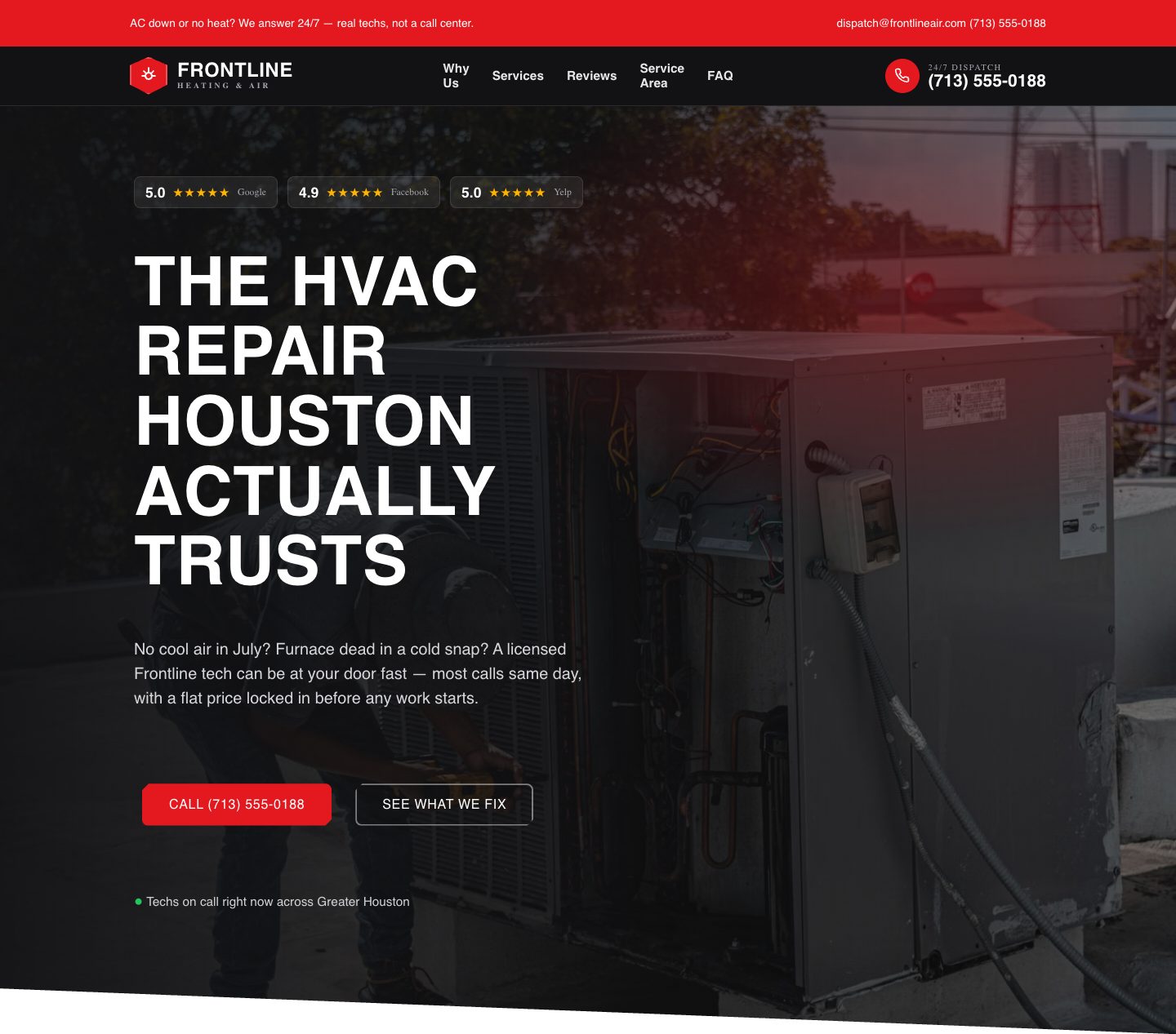 HVAC funnel design — speed as the headline (HERO section of the Frontline Heating & Air funnel)