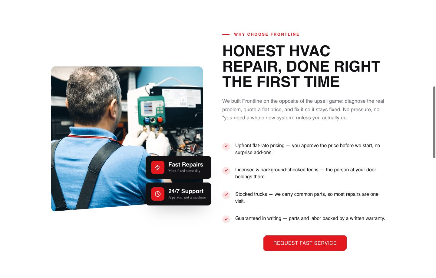 HVAC funnel design — fast repairs, 24/7 support (WHY FRONTLINE section of the Frontline Heating & Air funnel)