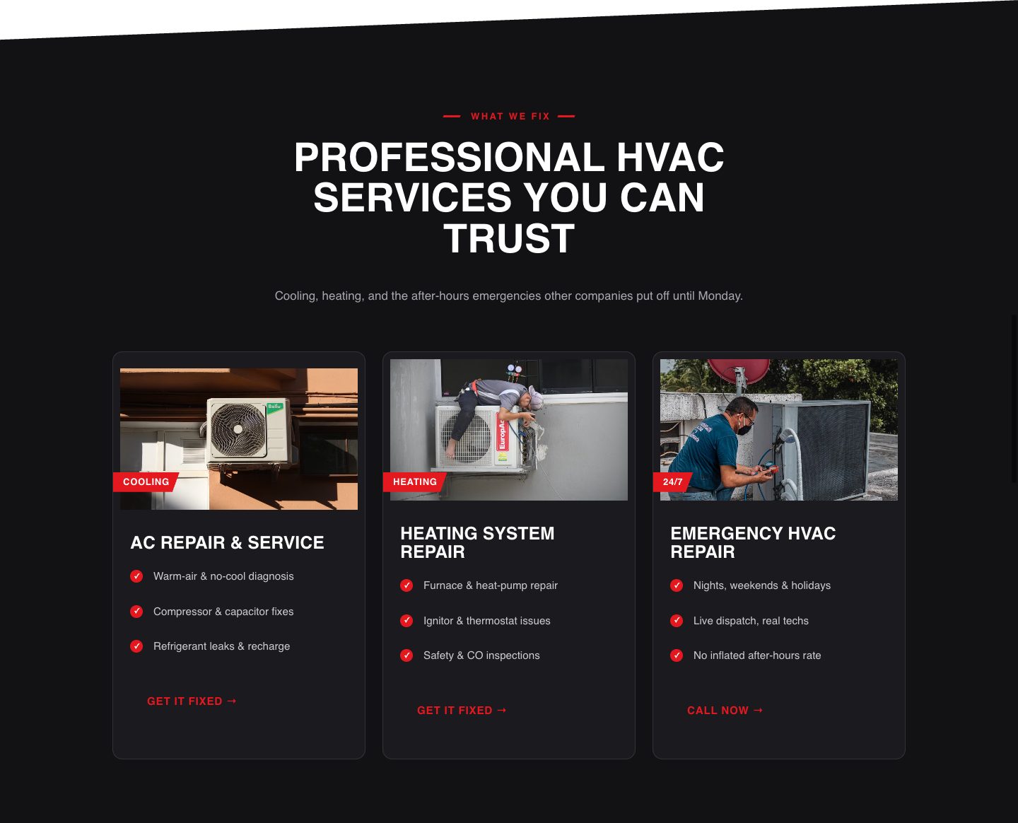 HVAC funnel design — what we fix, at a glance (SERVICES section of the Frontline Heating & Air funnel)