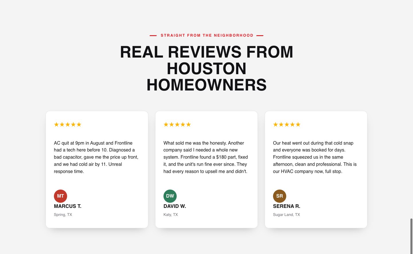 HVAC funnel design — real reviews from houston (SOCIAL PROOF section of the Frontline Heating & Air funnel)