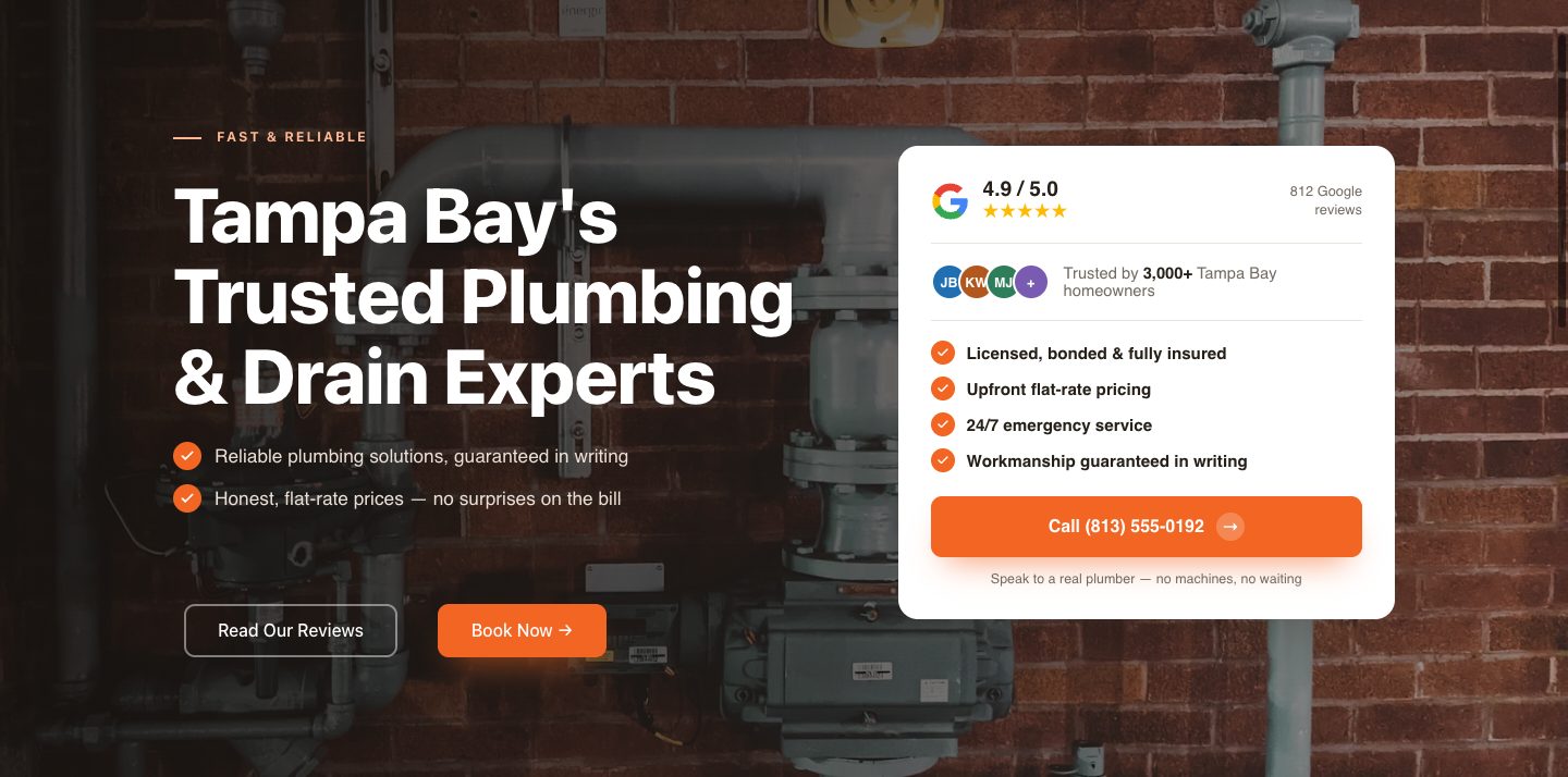 plumbing funnel design — fast, reliable, always open (HERO section of the Whitaker Plumbing & Drain funnel)