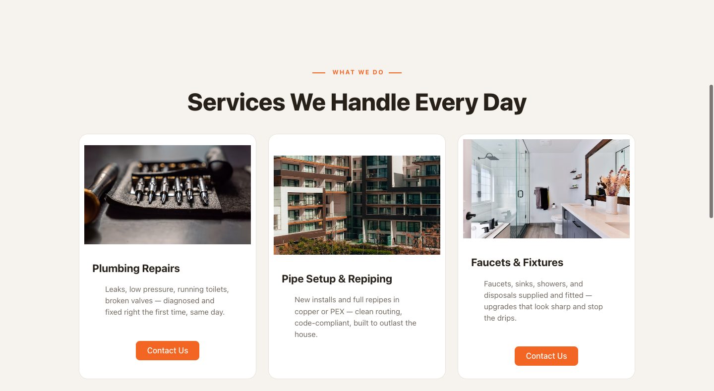 plumbing funnel design — what we handle every day (SERVICES section of the Whitaker Plumbing & Drain funnel)