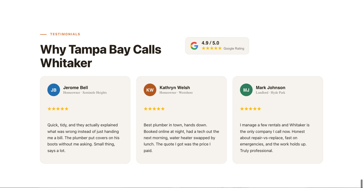 plumbing funnel design — why tampa bay calls whitaker (SOCIAL PROOF section of the Whitaker Plumbing & Drain funnel)