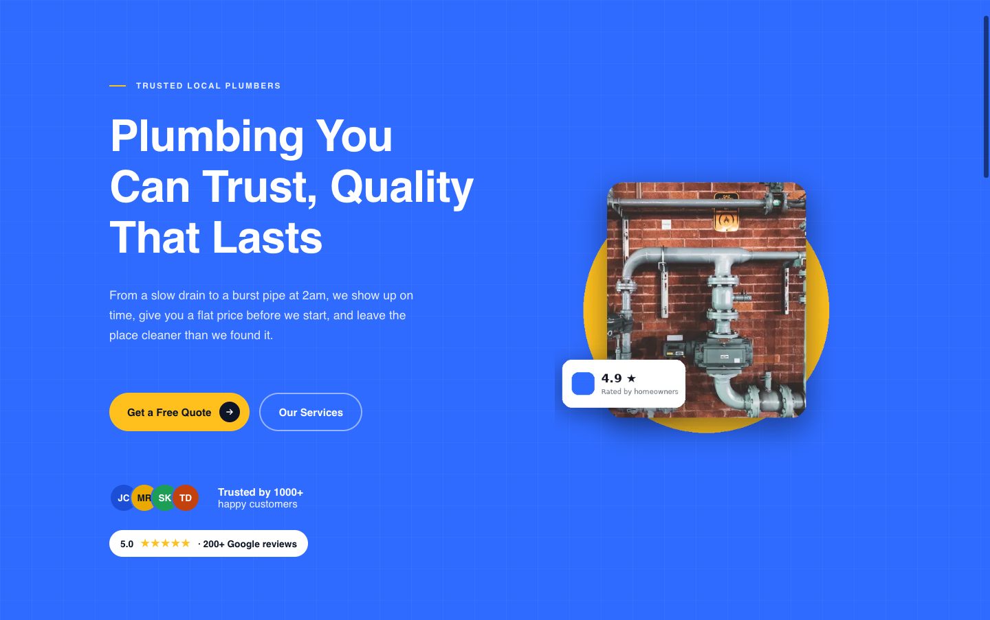 plumbing landing page — plumbing you can trust (HERO section of the TrueFlow Plumbing funnel)