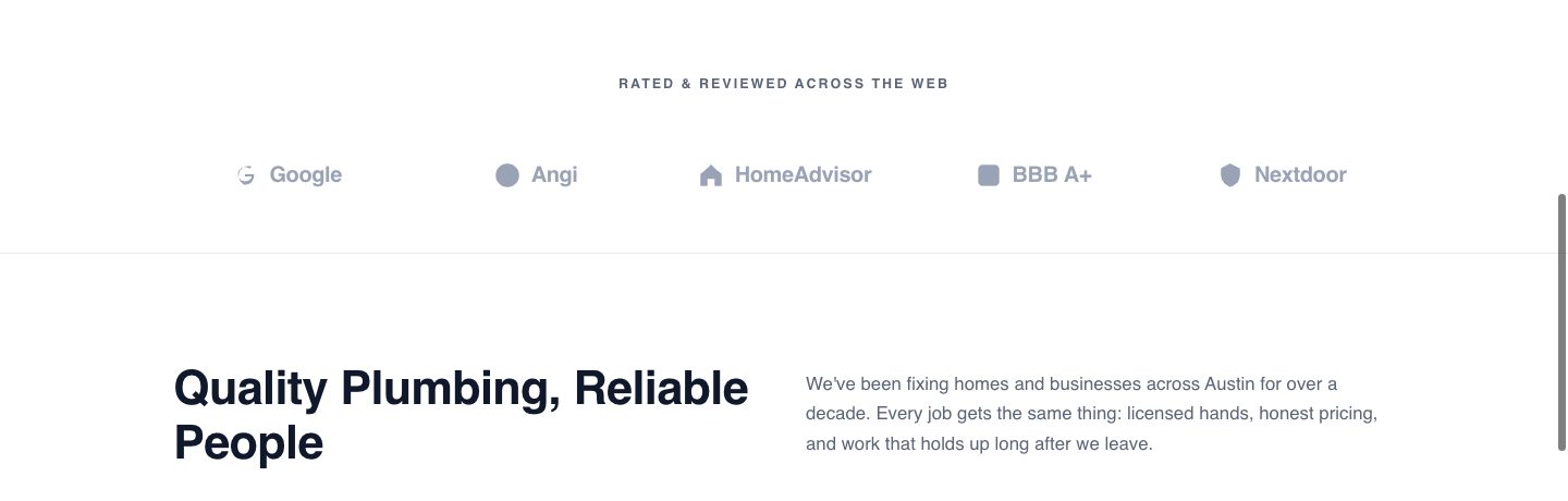plumbing landing page — rated across the web (TRUST BAR section of the TrueFlow Plumbing funnel)