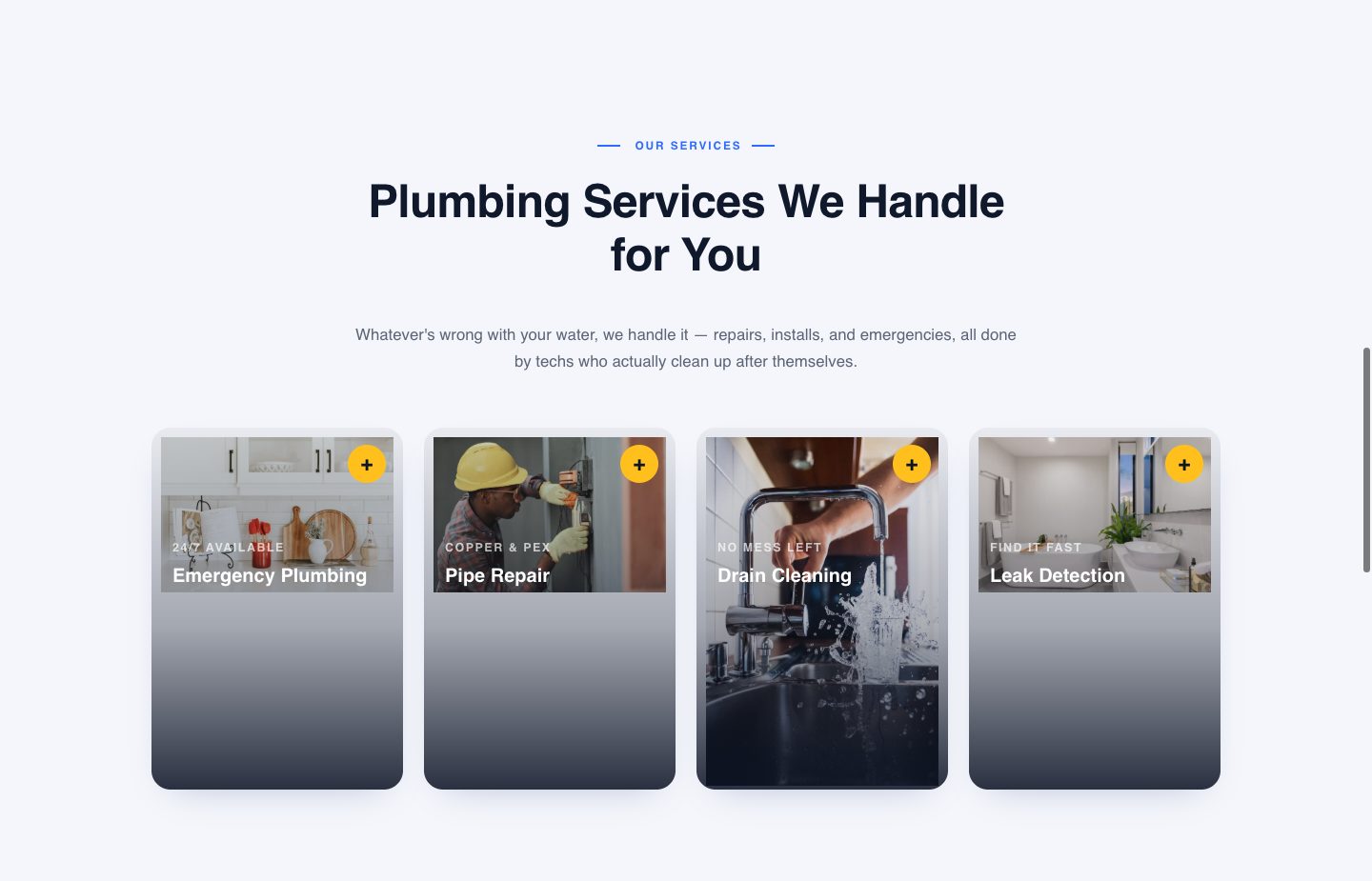 plumbing landing page — full scope, plus 24/7 (SERVICES section of the TrueFlow Plumbing funnel)