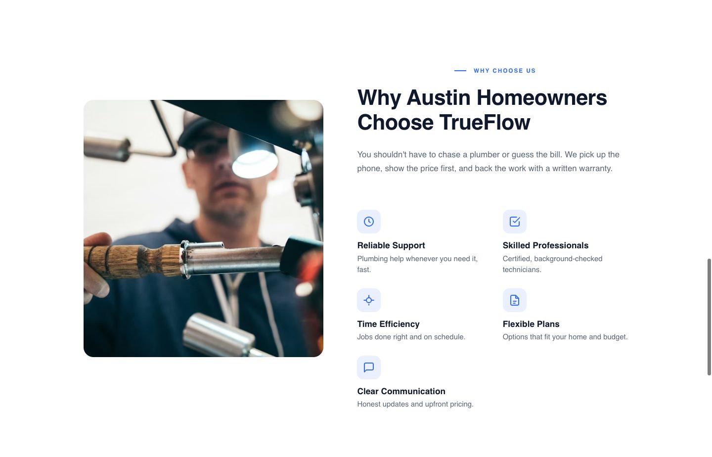 plumbing landing page — why austin homeowners choose us (WHY TRUEFLOW section of the TrueFlow Plumbing funnel)