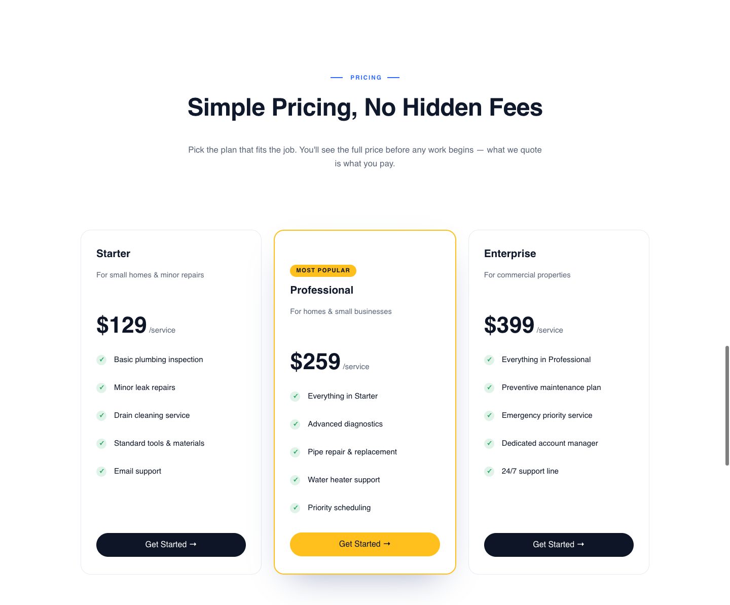plumbing landing page — simple pricing, no hidden fees (PRICING section of the TrueFlow Plumbing funnel)