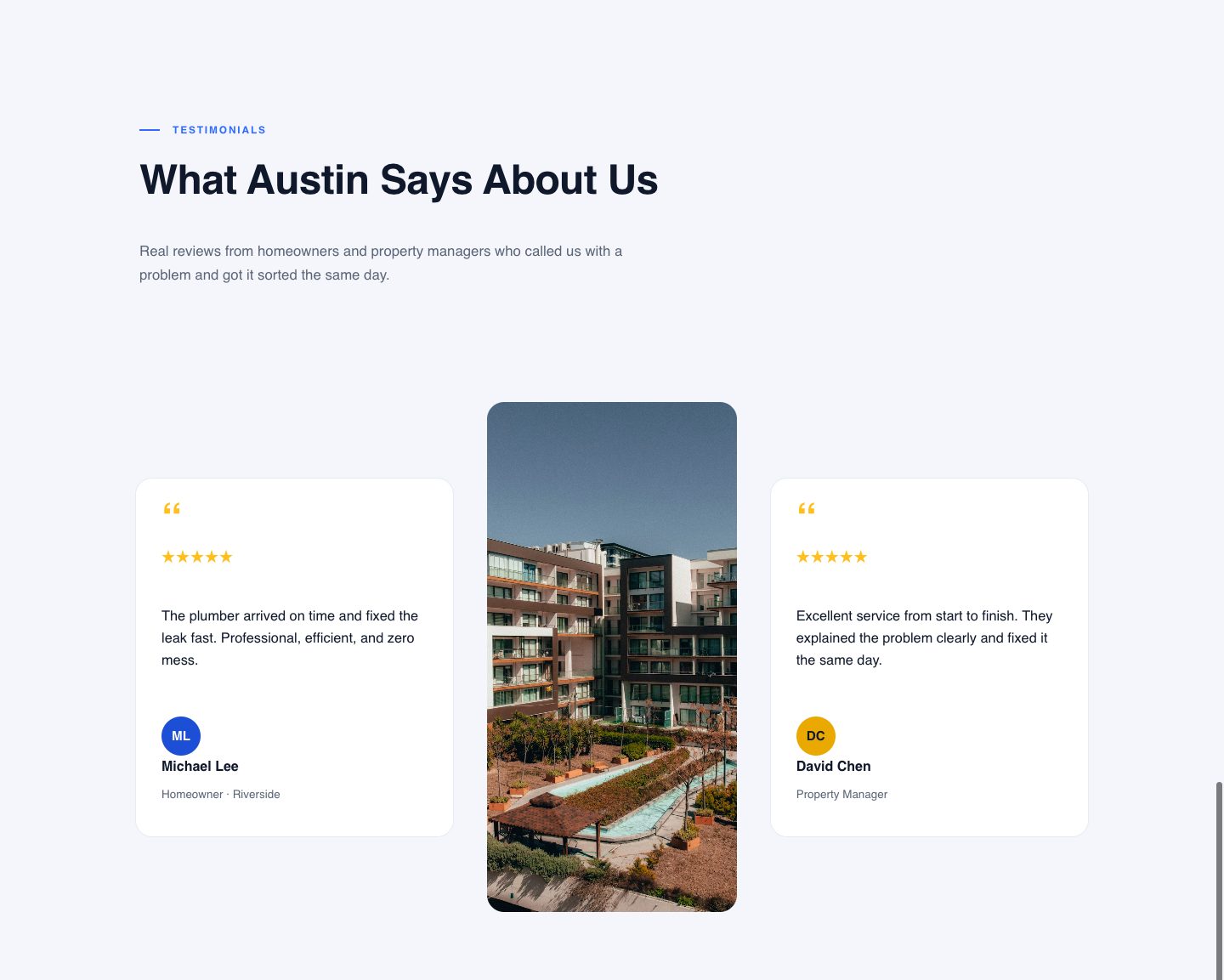 plumbing landing page — what austin says about us (SOCIAL PROOF section of the TrueFlow Plumbing funnel)
