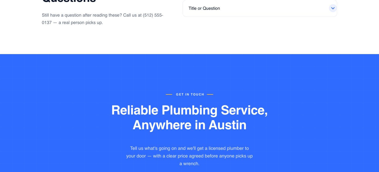plumbing landing page — reliable plumbing, anywhere in austin (FINAL CTA section of the TrueFlow Plumbing funnel)